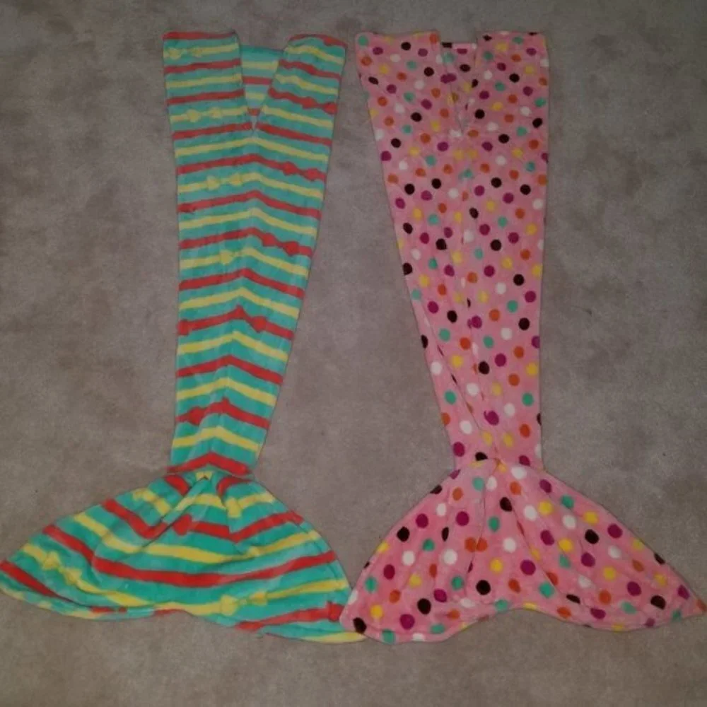 2 Mermaid Tail Blankets Pink Polka Dots Green Fleece Child Girl Small Handmade